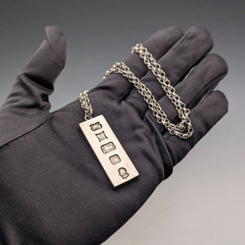 1977 British Sterling Silver Jubilee Ingot Pendant & Sterling Silver Chain, 40g, Troika Designs